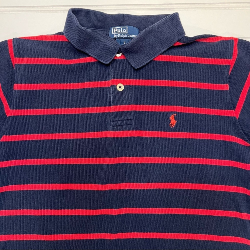 Polo Ralph Lauren Navy Blue and Red Striped Polo Shirt 100% Cotton Kid's Size 7 - Picture 3 of 7